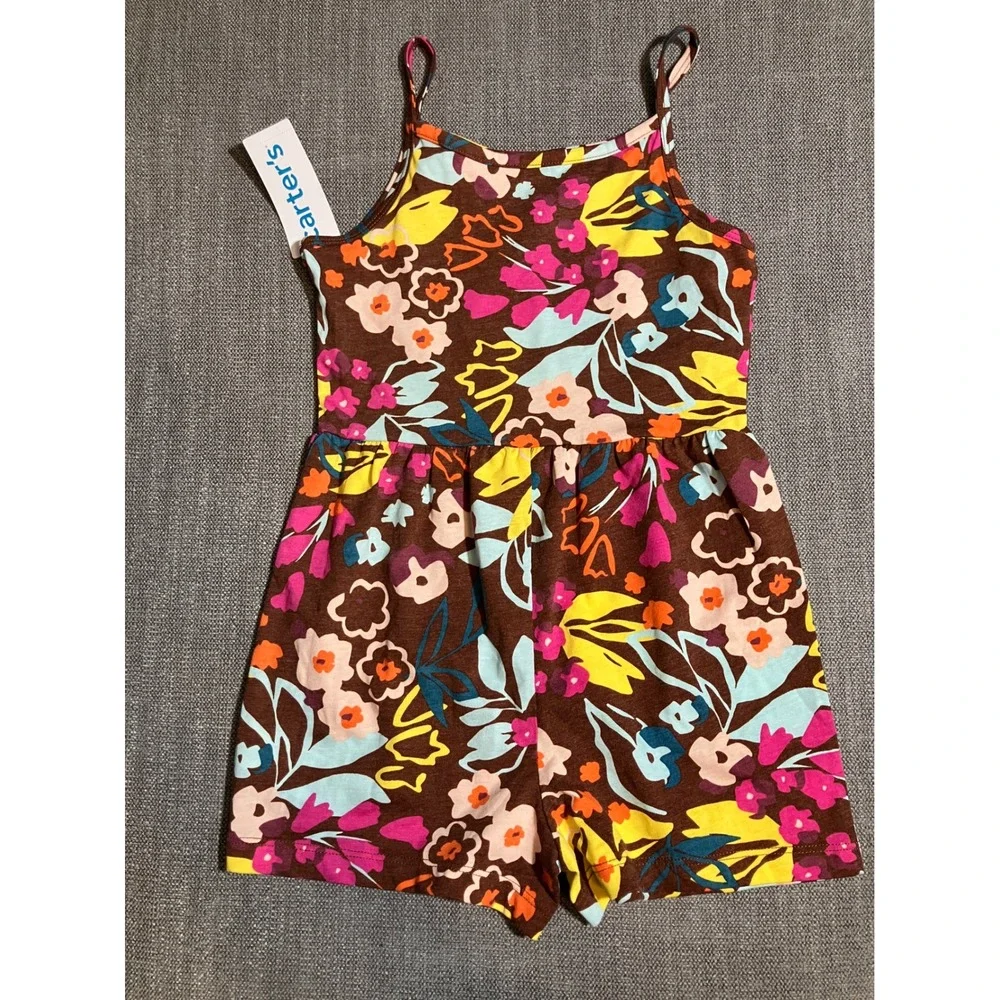 Carters Girls Floral Romper Brown Multicolor Spaghetti Strap‎ Size 7